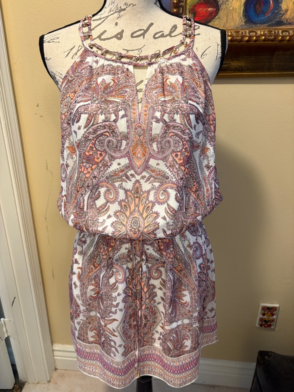 WHBM Paisley Print Sleeveless beaded & v-neck neckline elastic waist dress